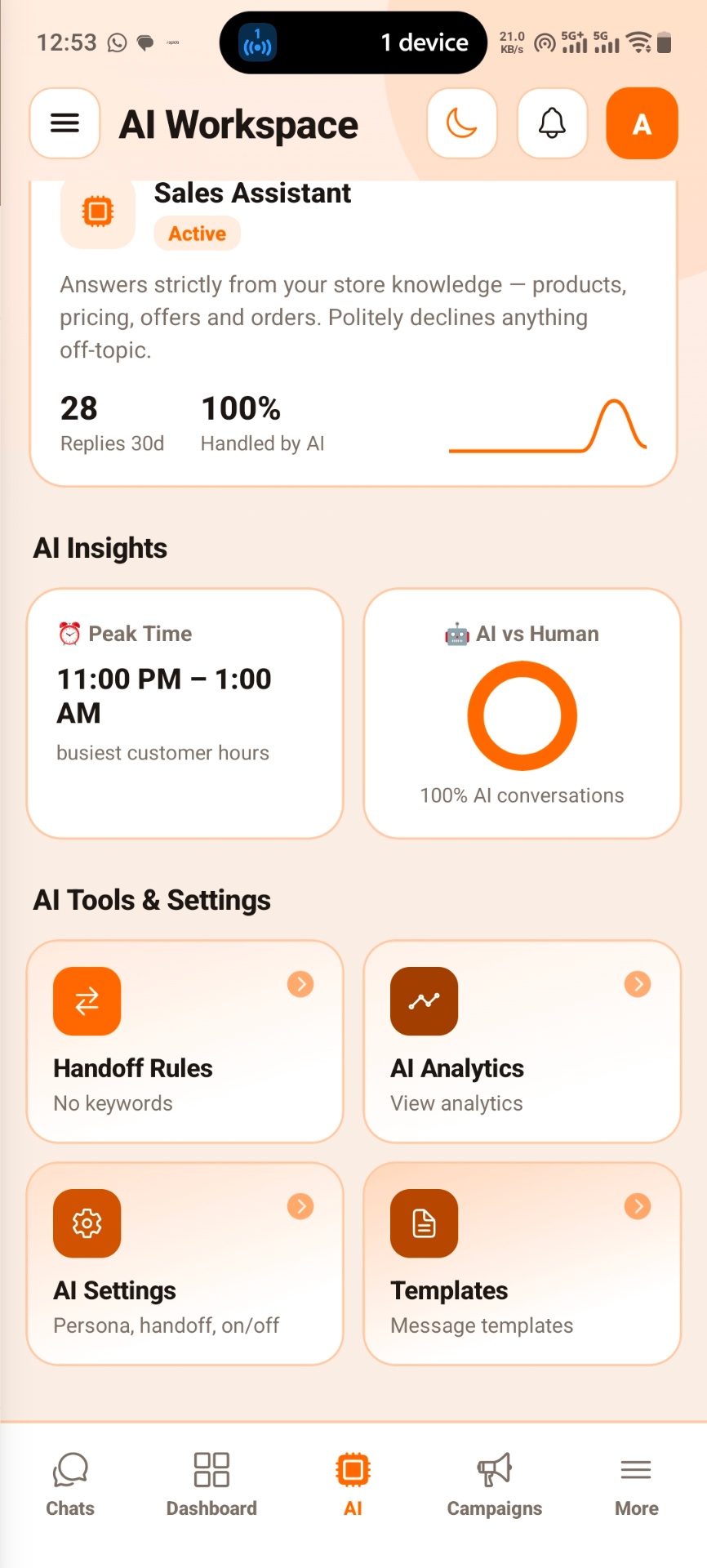 AI Sales Agent workspace with automated replies