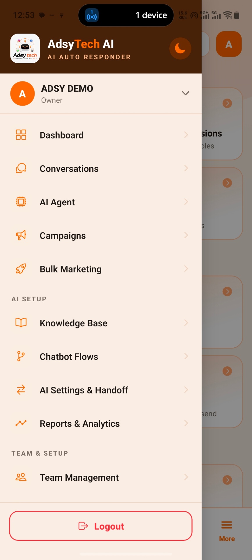 AdsyTech AI — App Menu screen