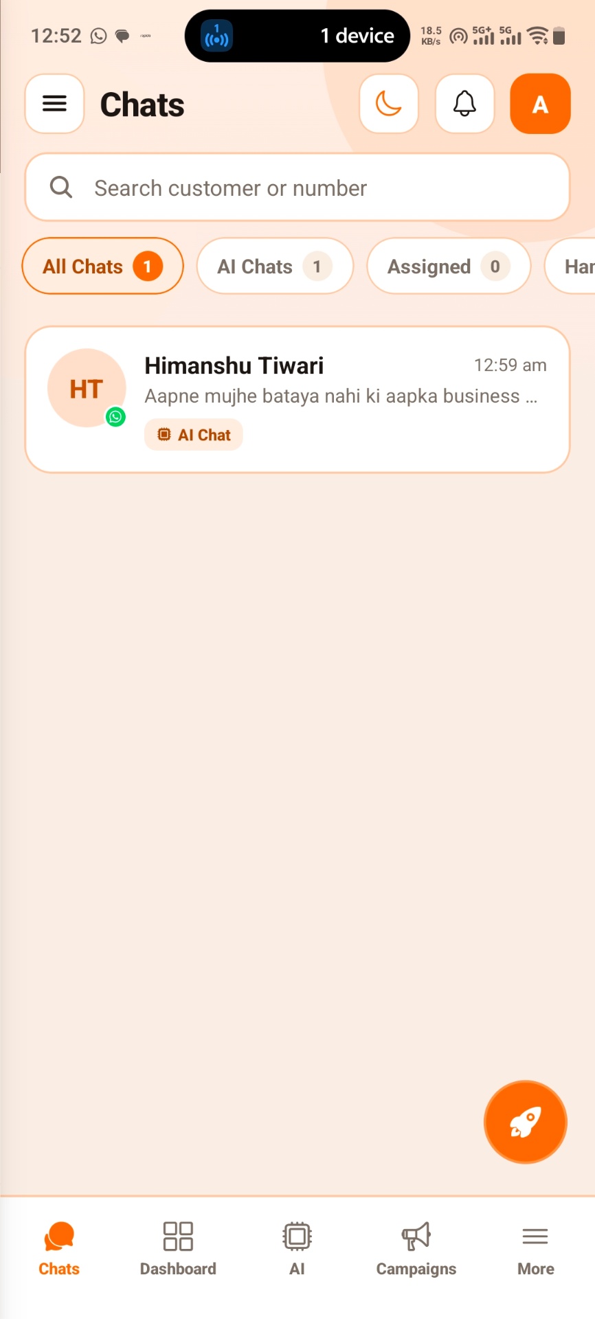Automated customer chats inside AdsyTech WhatsApp app